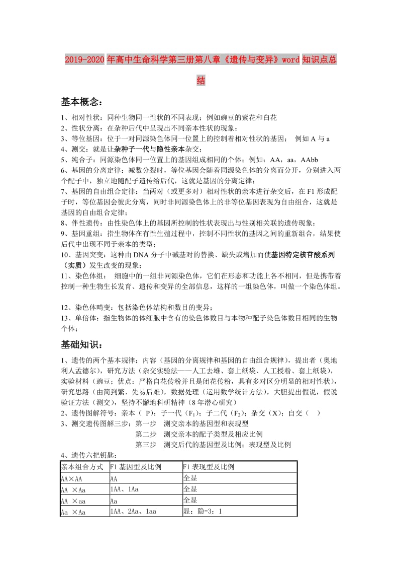 2019-2020年高中生命科学第三册第八章《遗传与变异》word知识点总结.doc_第1页