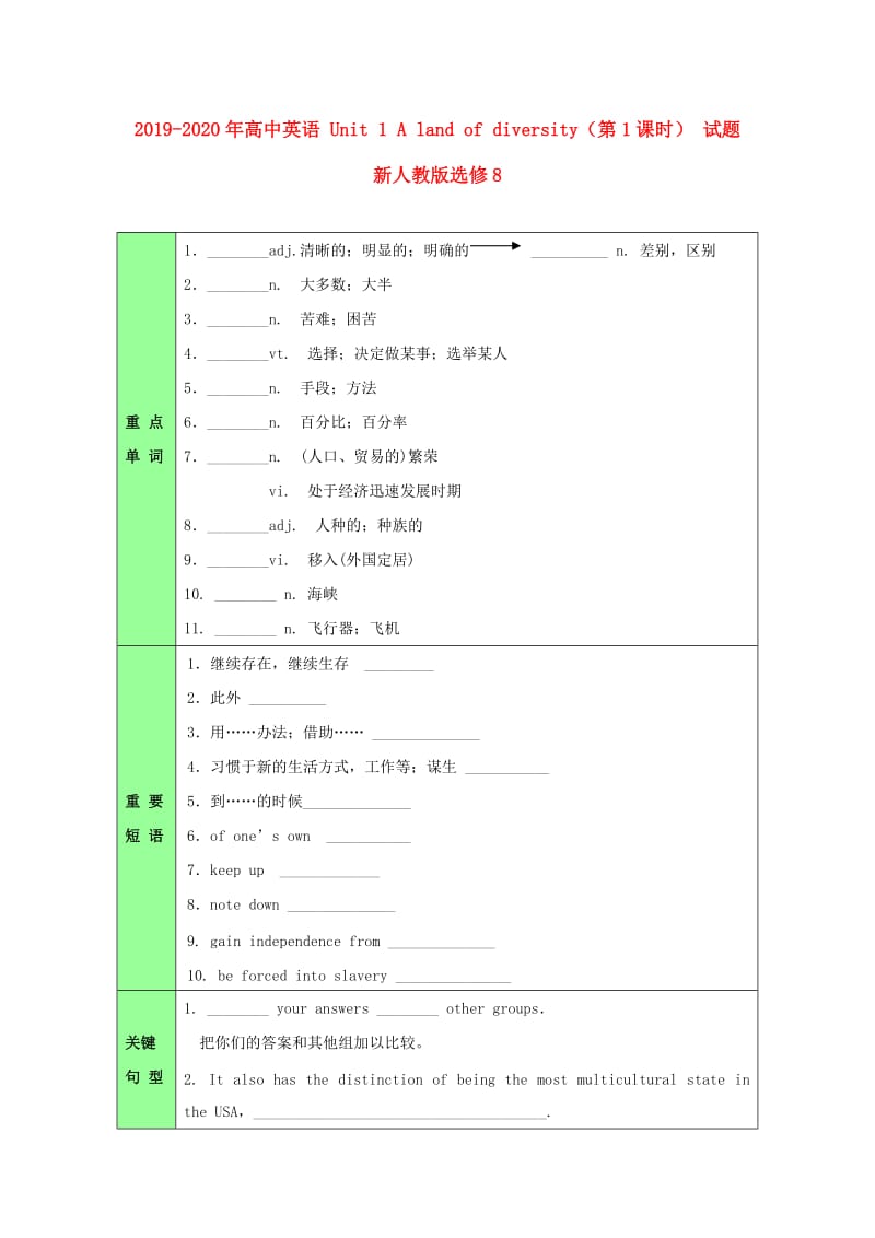 2019-2020年高中英语 Unit 1 A land of diversity（第1课时） 试题 新人教版选修8.doc_第1页