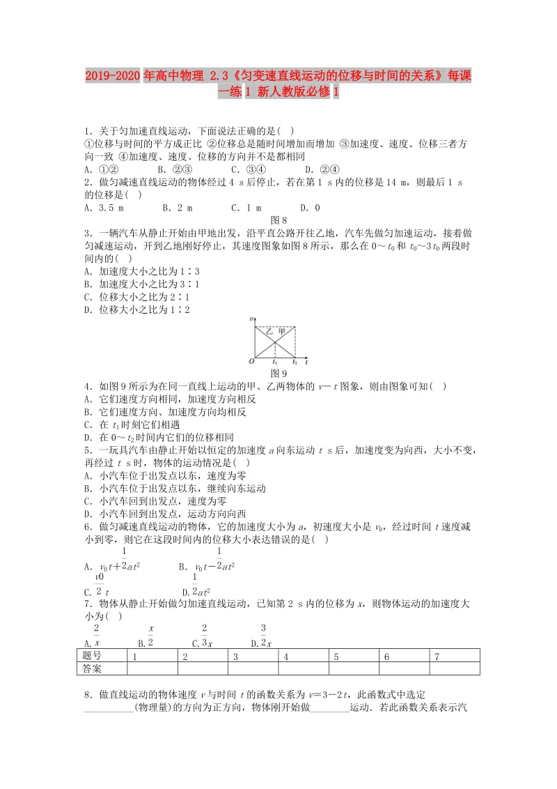 2019-2020年高中物理 2.3《匀变速直线运动的位移与时间的关系》每课一练1 新人教版必修1.doc_第1页