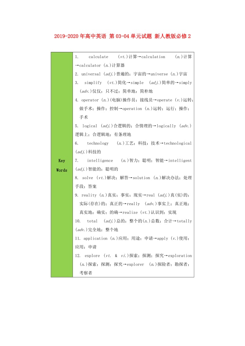 2019-2020年高中英语 第03-04单元试题 新人教版必修2.doc_第1页