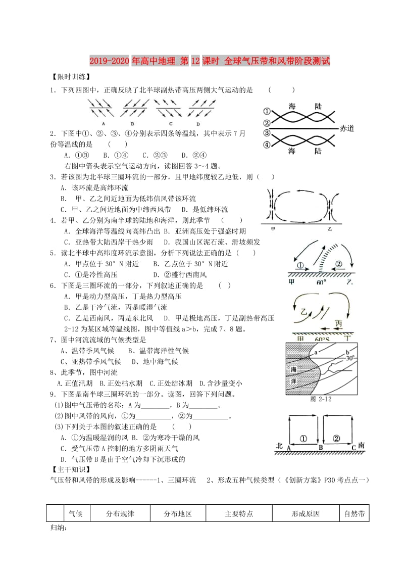 2019-2020年高中地理 第12课时 全球气压带和风带阶段测试.doc_第1页