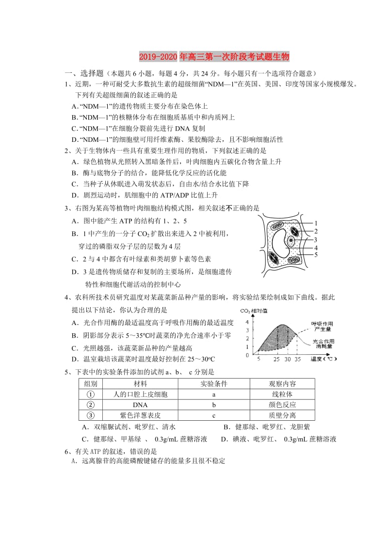 2019-2020年高三第一次阶段考试题生物.doc_第1页