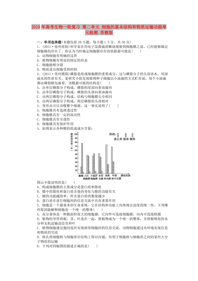 2019年高考生物一轮复习 第二单元 细胞的基本结构和物质运输功能单元检测 苏教版 .doc_第1页