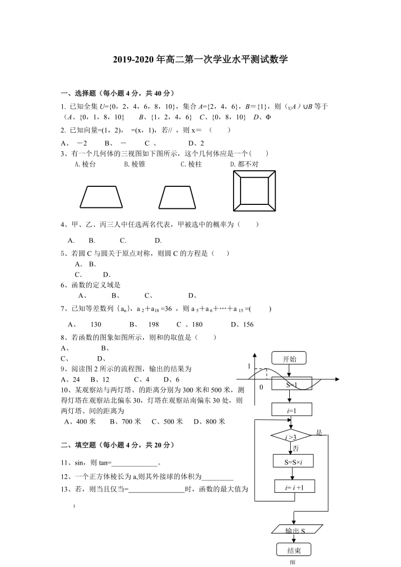 2019-2020年高二第一次学业水平测试数学.doc_第1页