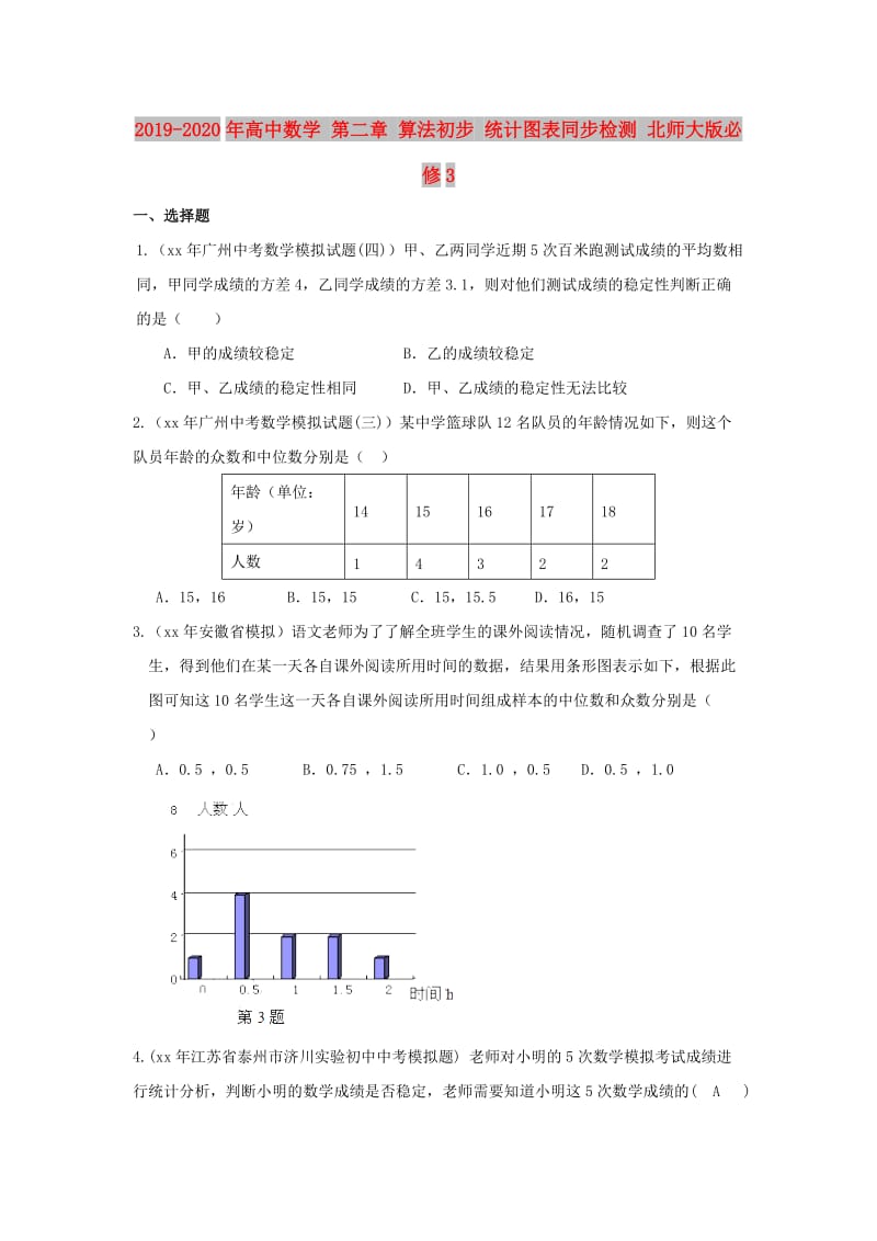 2019-2020年高中数学 第二章 算法初步 统计图表同步检测 北师大版必修3.doc_第1页