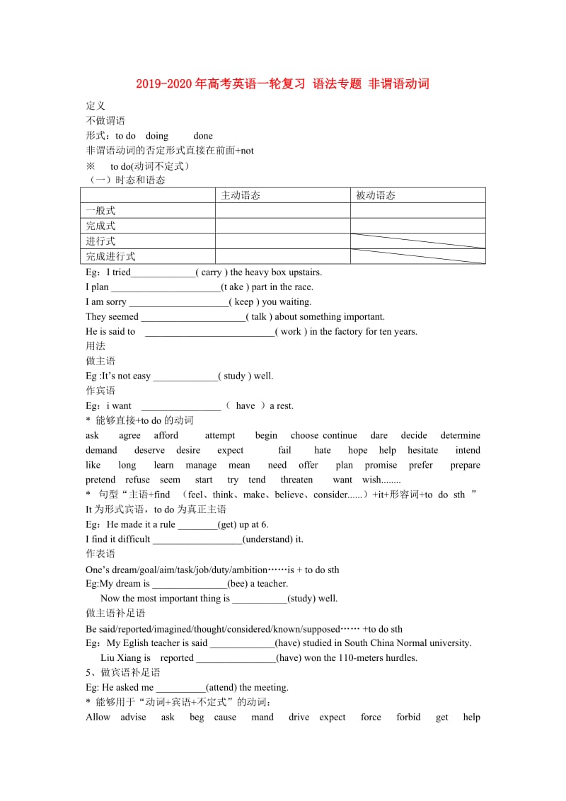 2019-2020年高考英语一轮复习 语法专题 非谓语动词.doc_第1页