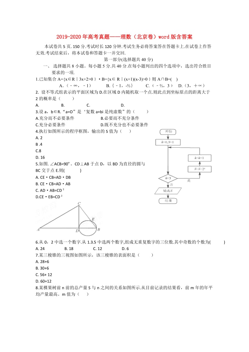 2019-2020年高考真题——理数（北京卷）word版含答案.doc_第1页