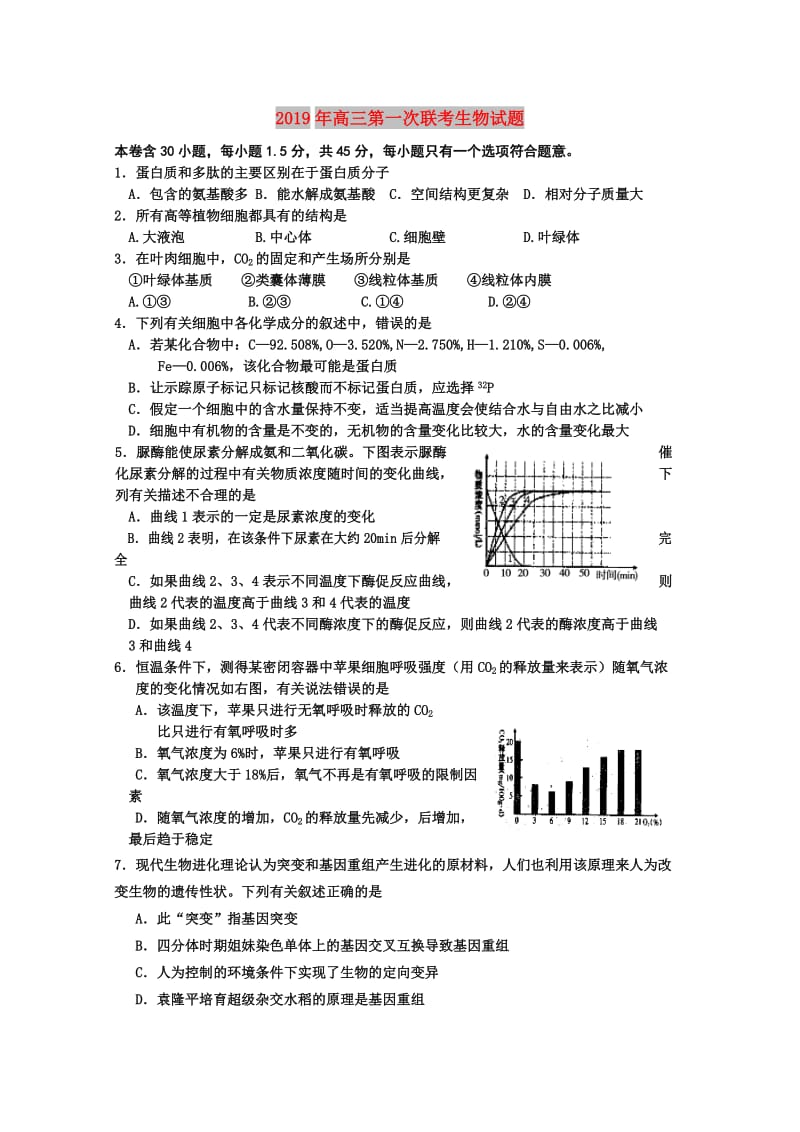 2019年高三第一次联考生物试题.doc_第1页