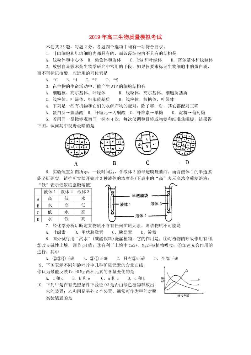 2019年高三生物质量模拟考试.doc_第1页