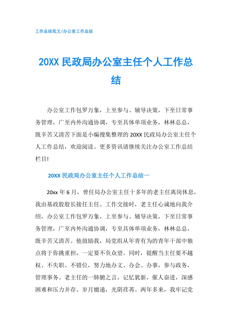20XX民政局办公室主任个人工作总结.doc_第1页