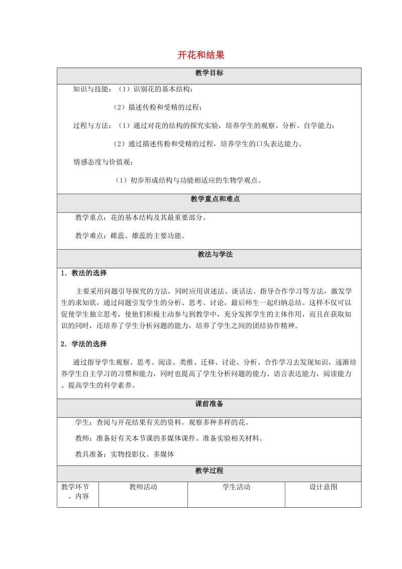 六年级生物下册 第三单元 第二章 第三节 开花和结果教学设计 鲁科版（五四制）.doc_第1页