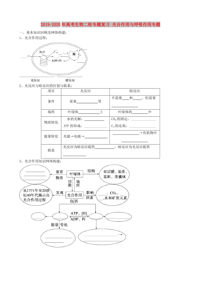 2019-2020年高考生物二轮专题复习 光合作用与呼吸作用专题.doc_第1页