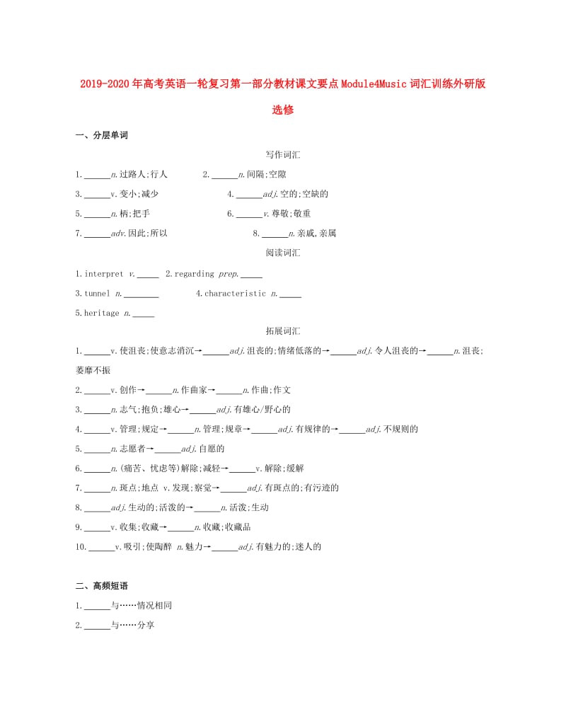 2019-2020年高考英语一轮复习第一部分教材课文要点Module4Music词汇训练外研版选修.doc_第1页