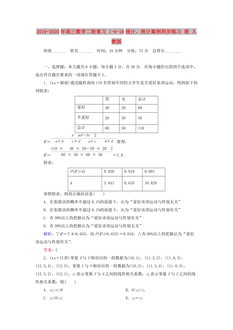 2019-2020年高三数学二轮复习 1-6-16统计、统计案例同步练习 理 人教版.doc_第1页