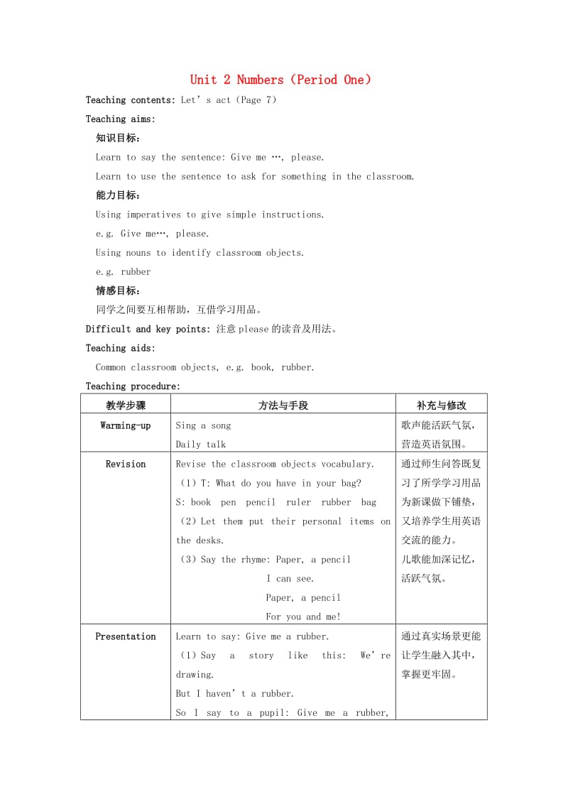 一年级英语上册 Unit 2 Numbers（Period 1）教案之一 沪教牛津版.doc_第1页