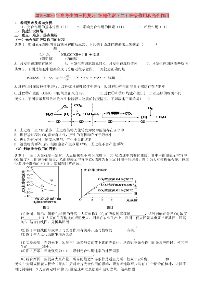 2019-2020年高考生物三轮复习 细胞代谢（二）呼吸作用和光合作用.doc_第1页