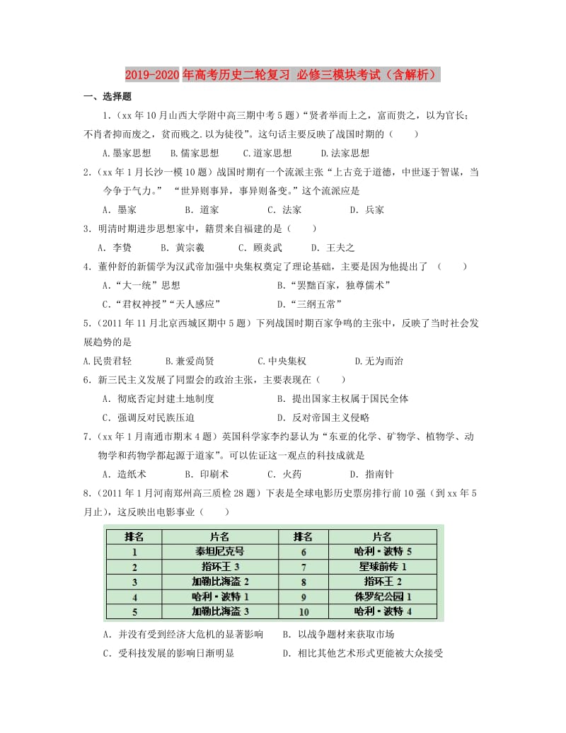 2019-2020年高考历史二轮复习 必修三模块考试（含解析）.doc_第1页