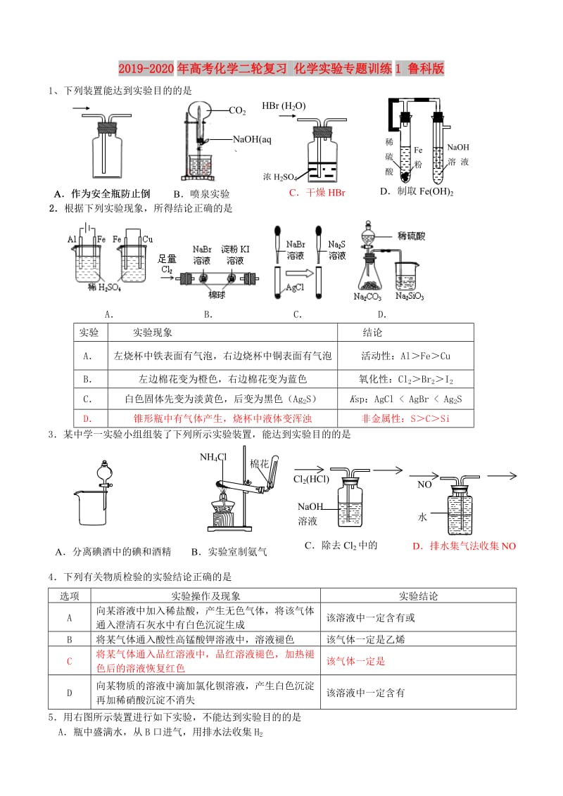 2019-2020年高考化学二轮复习 化学实验专题训练1 鲁科版.doc_第1页