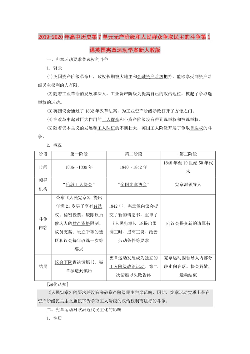 2019-2020年高中历史第7单元无产阶级和人民群众争取民主的斗争第1课英国宪章运动学案新人教版.doc_第1页