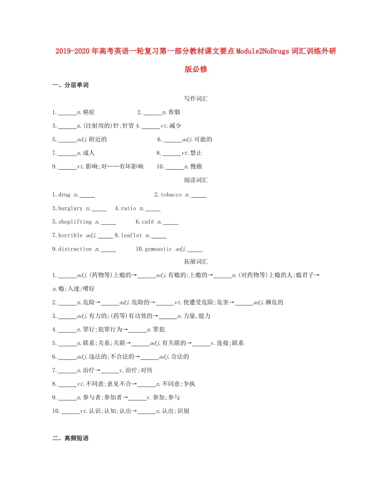 2019-2020年高考英语一轮复习第一部分教材课文要点Module2NoDrugs词汇训练外研版必修.doc_第1页