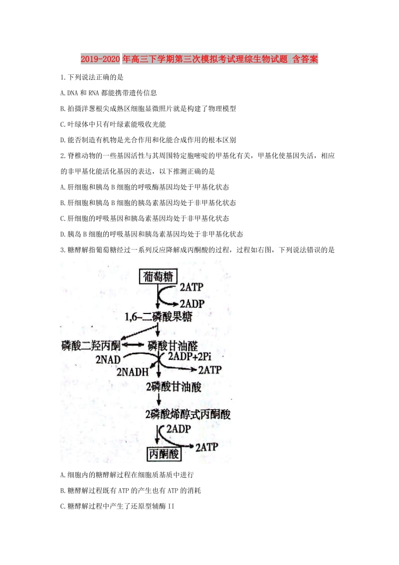 2019-2020年高三下学期第三次模拟考试理综生物试题 含答案.doc_第1页