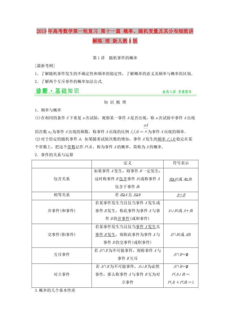 2019年高考数学第一轮复习 第十一篇 概率、随机变量及其分布细致讲解练 理 新人教A版.doc_第1页