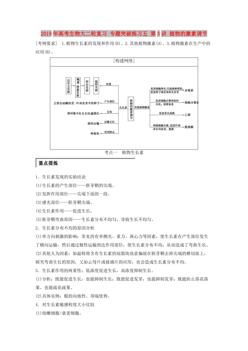 2019年高考生物大二轮复习 专题突破练习五 第3讲 植物的激素调节.doc_第1页