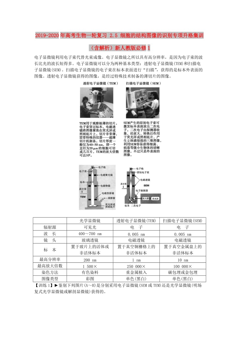 2019-2020年高考生物一轮复习 2.5 细胞的结构图像的识别专项升格集训（含解析）新人教版必修1.doc_第1页