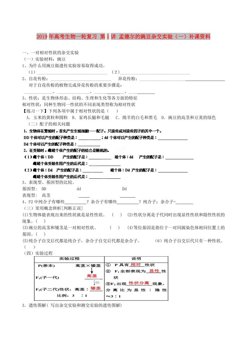 2019年高考生物一轮复习 第1讲 孟德尔的豌豆杂交实验（一）补课资料.doc_第1页