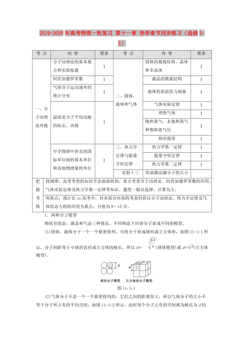 2019-2020年高考物理一轮复习 第十一章 热学章节同步练习（选修3-3）.doc_第1页