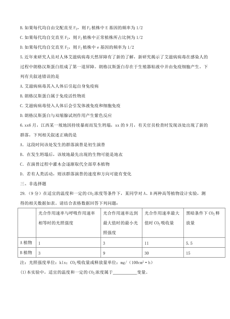 2019-2020年高三摸底测试 理综生物.doc_第2页