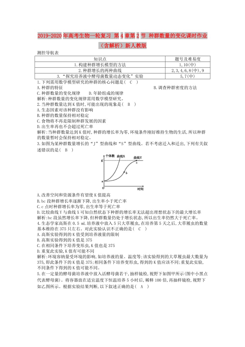 2019-2020年高考生物一轮复习 第4章第2节 种群数量的变化课时作业（含解析）新人教版.doc_第1页