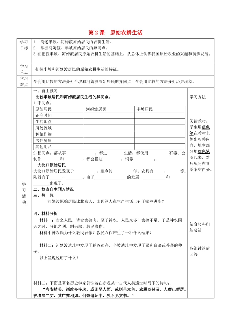 2019年六年级历史上册 第一单元 中华文明的起源 第2课 原始农耕生活导学案 鲁教版五四制.doc_第1页