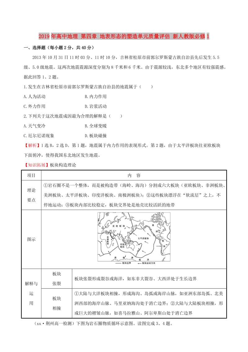 2019年高中地理 第四章 地表形态的塑造单元质量评估 新人教版必修1.doc_第1页