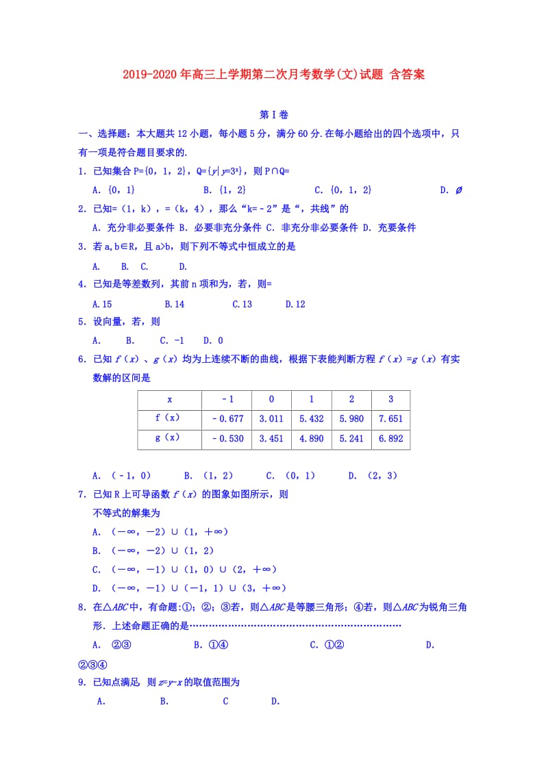 2019-2020年高三上学期第二次月考数学(文)试题 含答案.doc_第1页