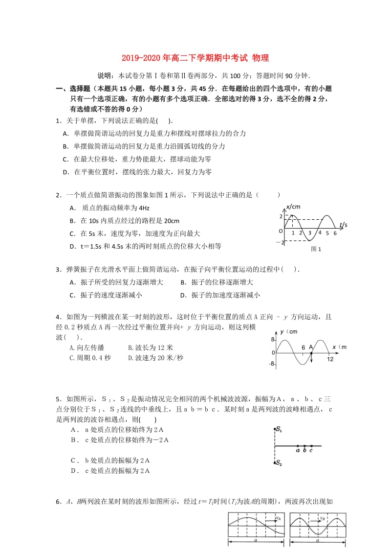 2019-2020年高二下学期期中考试 物理.doc_第1页