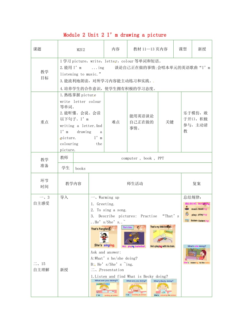 二年级英语下册 Module 2 Unit 2 I’m drawing a picture教案1 外研版.doc_第1页