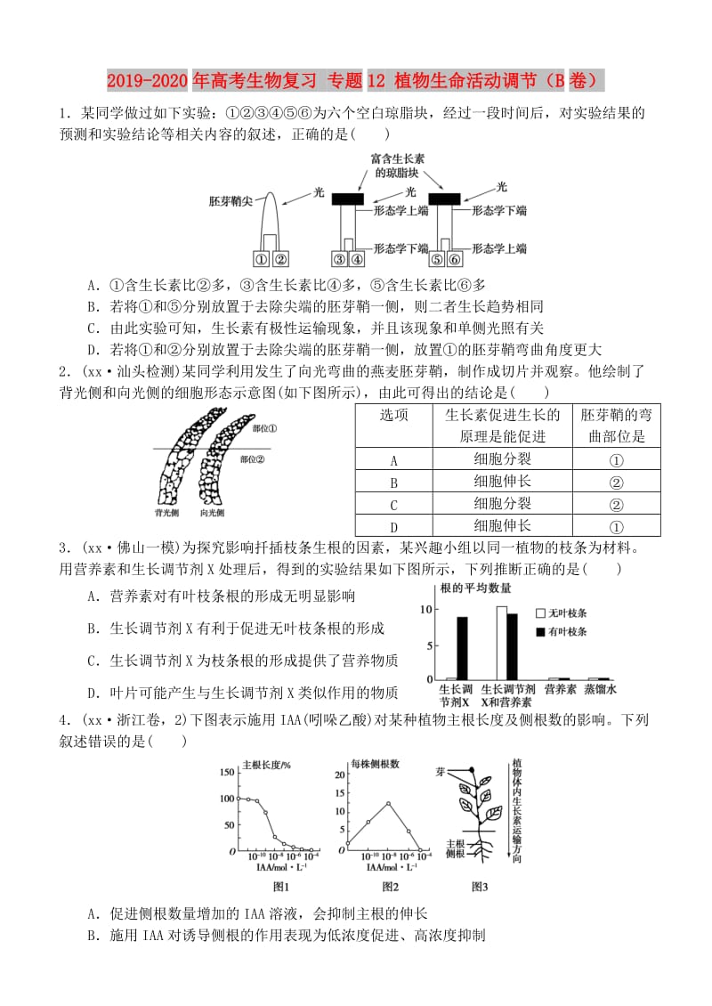 2019-2020年高考生物复习 专题12 植物生命活动调节（B卷）.doc_第1页