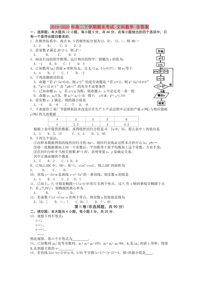 2019-2020年高二下学期期末考试 文科数学 含答案.doc_第1页