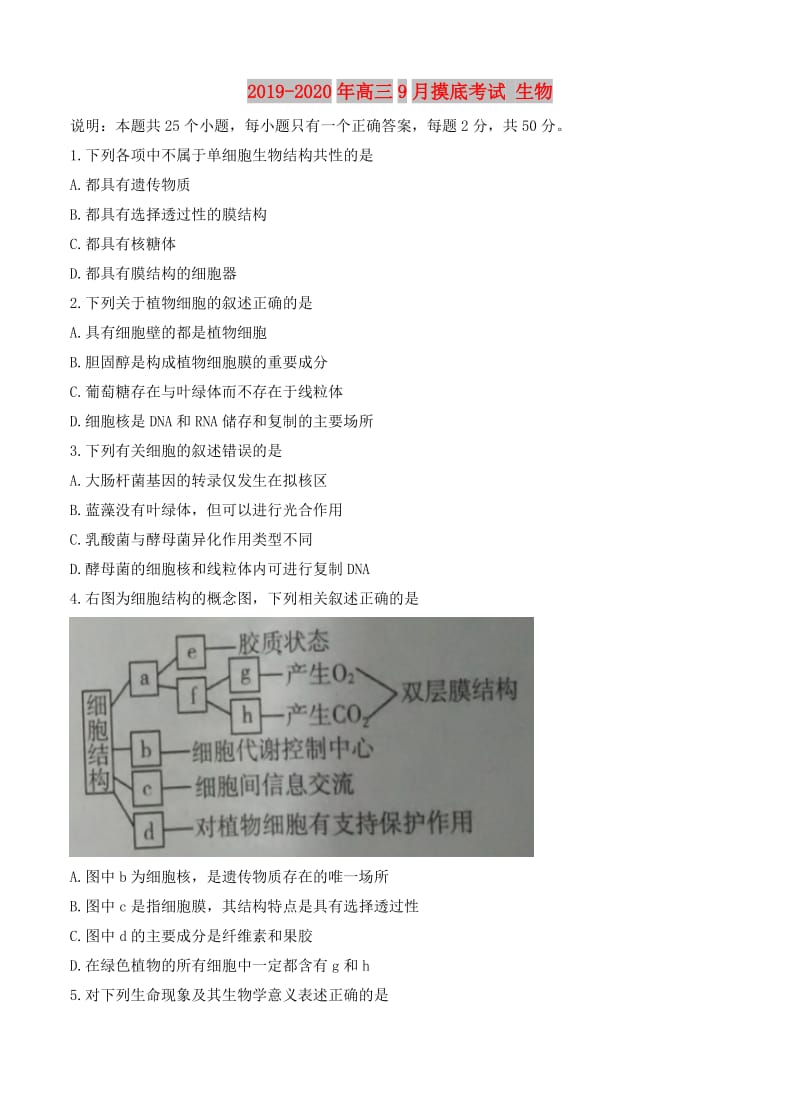 2019-2020年高三9月摸底考试 生物.doc_第1页