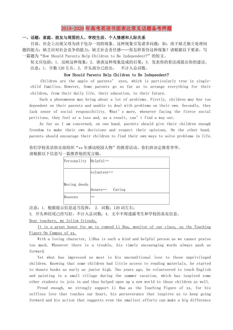 2019-2020年高考英语书面表达常见话题备考押题.doc_第1页