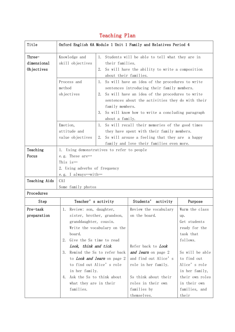 六年级英语上册 Module 1Unit 1 Meet my family教案 沪教牛津版.doc_第1页