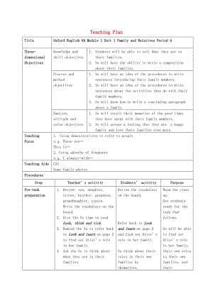 六年級英語上冊 Module 1Unit 1 Meet my family教案 滬教牛津版.doc