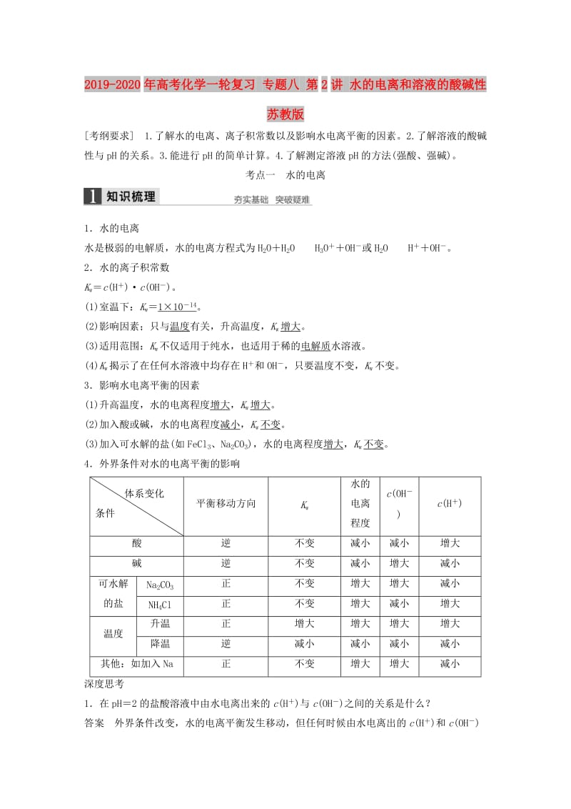 2019-2020年高考化学一轮复习 专题八 第2讲 水的电离和溶液的酸碱性 苏教版.doc_第1页