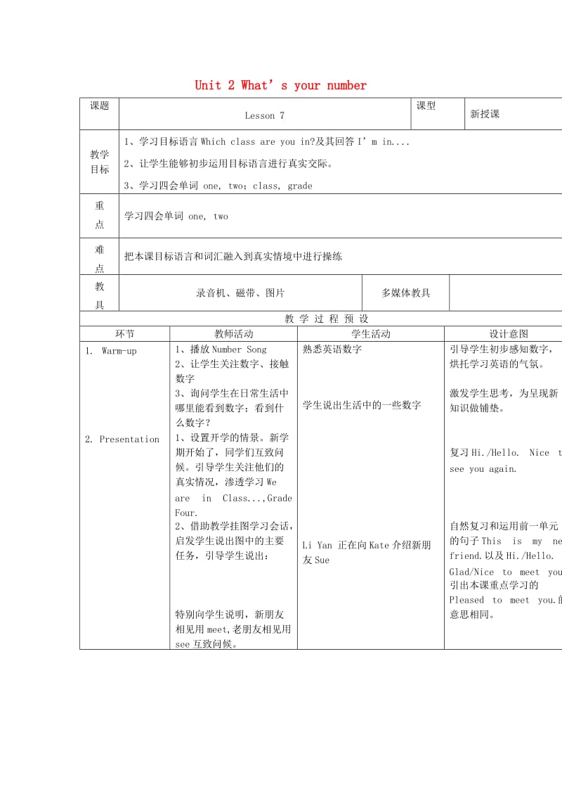 四年级英语上册 Unit 2 What’s your number教案 人教精通版.doc_第1页