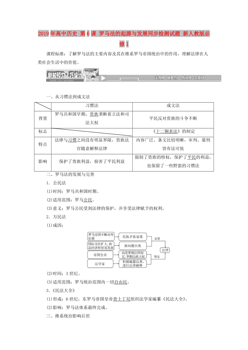 2019年高中历史 第6课 罗马法的起源与发展同步检测试题 新人教版必修1.doc_第1页