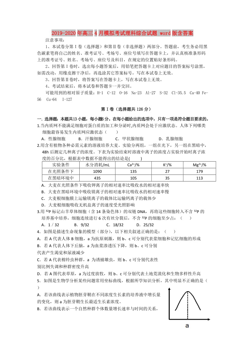 2019-2020年高三4月模拟考试理科综合试题 word版含答案.doc_第1页