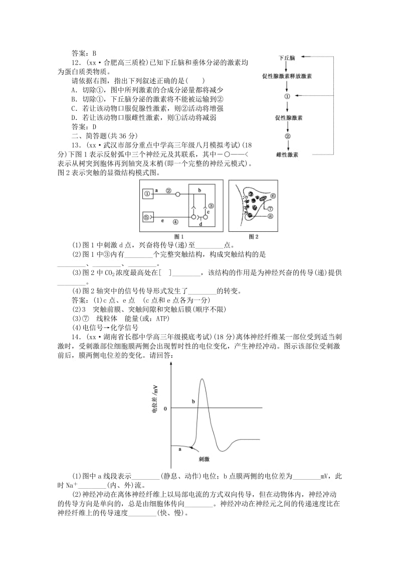 2019-2020年高中生物 3-第二讲 人和高等动物生命活动的调节同步练习.doc_第3页