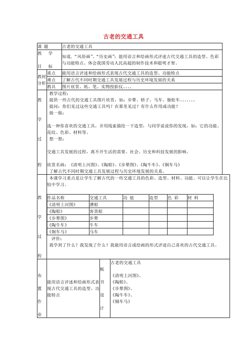 2019春三年级美术下册 第1单元 漫游交通天地 第1课《古老的交通工具》教案 岭南版.doc_第1页