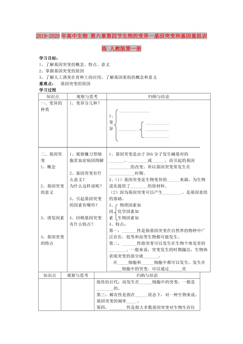 2019-2020年高中生物 第六章第四节生物的变异一基因突变和基因重组训练 人教版第一册.doc_第1页